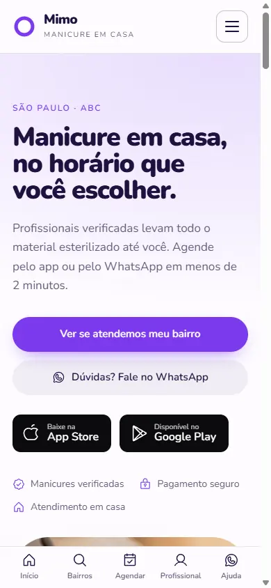 Site de exemplo de manicure em domicílio aberto no celular